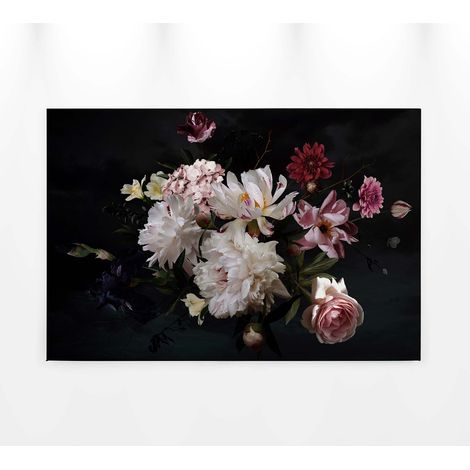 Tableau coloré à fleurs idéal salon | Tableau sur toile noir anthracite blanc & rose pour chambre | Tableau style anglais  0,9 x 0,6 m (1/5)