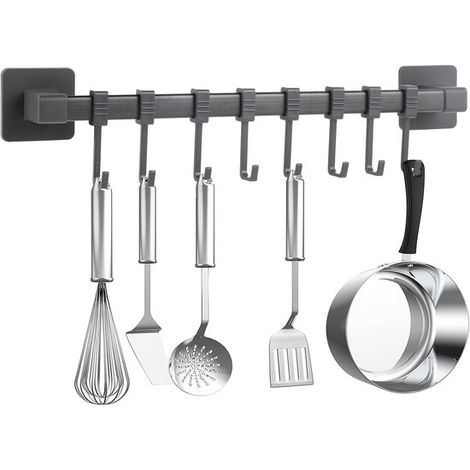 Gancho de pared negro autoadhesivo reposicionable sin necesidad de taladrar, con 8 ganchos, para utensilios de cocina y cuchillos.