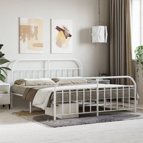 Lit double-183 x 213 cm, Cadre de lit, Lit adulte, Structure de lit métal avec tête de lit/pied de lit blanc 183x213cm PDKEI67273 (1/5)