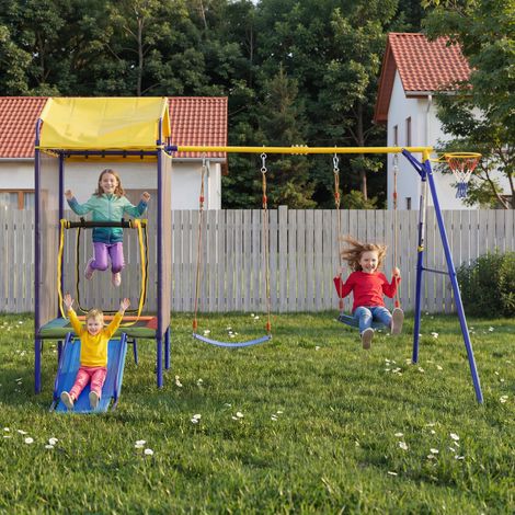 Area giochi da esterno 4 in 1 con trampolino, altalena, scivolo e canestro HAVRYA (1/5)