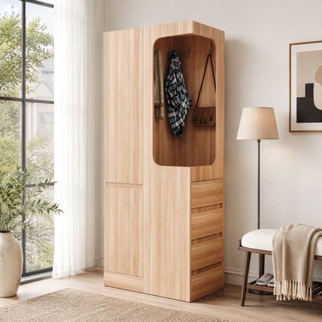 Armoire 70 x 40 x 170 cm avec tiroirs et rangements ouverts, bois naturel HAVRYA (1/5)