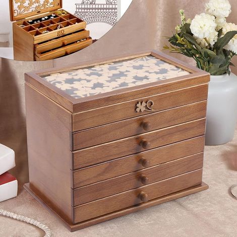 6 Schicht Schmuckkasten Holz, 6 Ebenen Großer Schmuckkasten mit 5 Schubladen Schmuckbox Schmuckkoffer Vintage Schmuckkasten Holz Große Kapazität Schmuckkoffer Organizer