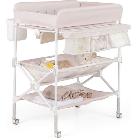 Portable Baby Changing Table Height Adjustable w/ Wheels-Pink (1/5)