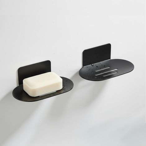 Porte-savon de douche adhésif, porte-savon en acier inoxydable noir, porte-savon sans perçage (noir mat, lot de deux)