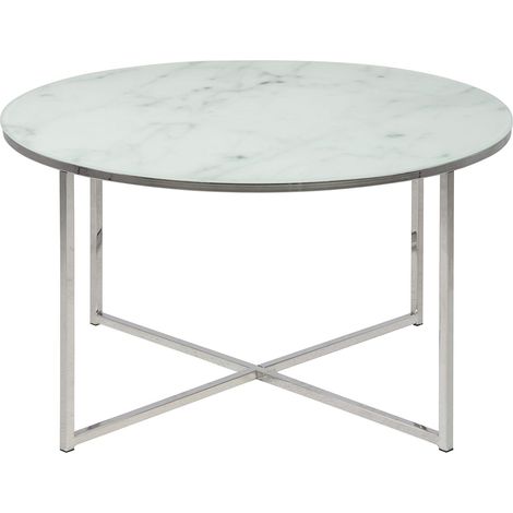 Table Basse Ronde, Ø: 80 x 45 cm, Aspect Marbre Blanc /Chrome, Verre/Metal, 1 pc (1/5)