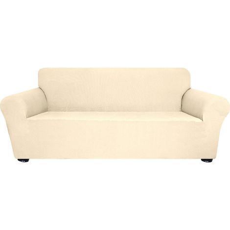 Decdeal Stretch-Sofabezug, rutschfest, weich und waschbar, für Wohnzimmer, ideal für Kinder und Haustiere, 3-Sitzer, beige.