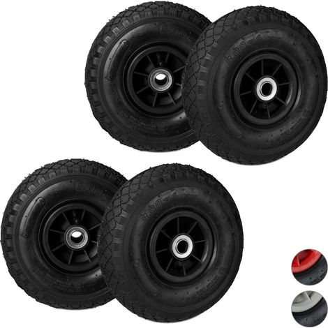 Set di 4 Ruote 3.00-4 per Carriola, ad Aria, 260x85 mm, Cerchione in Plastica, max. 80 kg, Nero