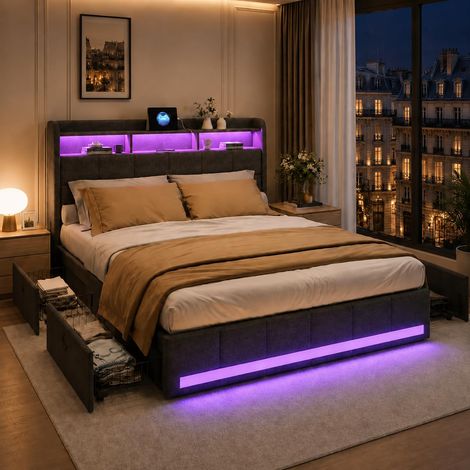 Lit 140x190 avec sommier éclairage LED et Charge USB, lit Double rembourré avec 4 tiroirs et tête de lit de Rangement,en Lin,lit 2 Personnes pour Adultes et Adolescents (Gris, 140 x 190 cm) (1/5)