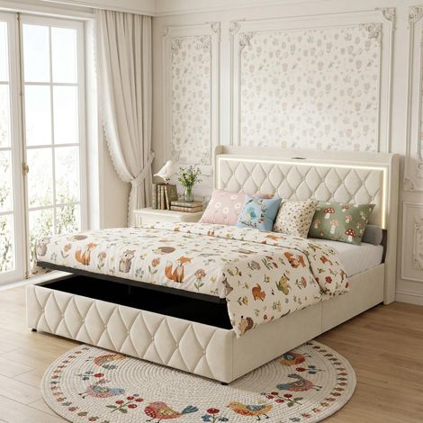Camas con canapé abatible 140x190 cm - Cama de Matrimonio con Somier de Láminas, LED y Puertos USB, Estilo Nórdico, Beige