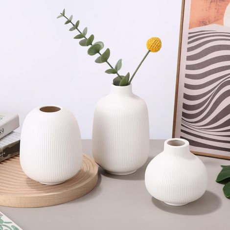 Vase Ceramique 3pcs, Vase Blanc Modernes pour Décorer Votre Table Avec des Bouquets, l'herbe de la Pampa, Des Fleurs Fraîches Séchées, Decoratif en Poterie pour étagère, Chambre, Bureau, Salle de Bain (1/5)