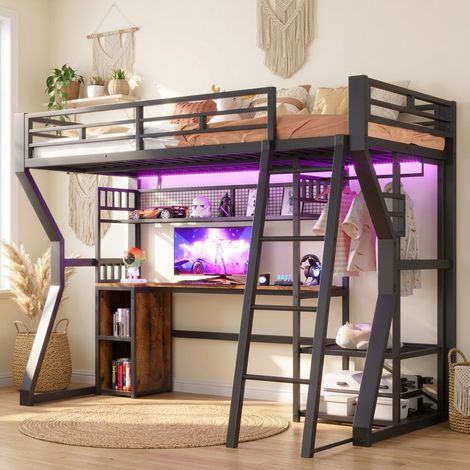 DESMIU Lit mezzanine 1 place 90 × 200 cm avec bureau, prise, éclairage réglable et rangements, sans matelas (1/5)