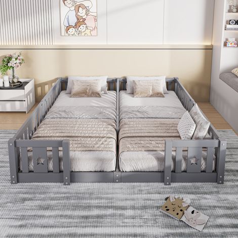 Lit Montessori Enfant au Sol 90x200 cm avec Barrières,Lit Combiné 2 Places Applicable Cela Enfants S'exercer Debout,Idéal pour Famille/Jumeaux, Gris(avec sommier à Lattes) (1/5)