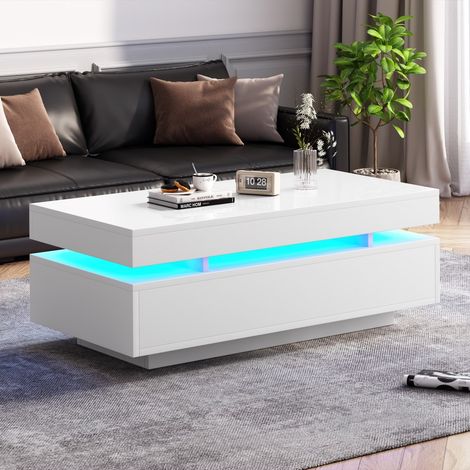 Table Basse de Salon - 100x50x35cm - Design Moderne Haute Brillance avec Éclairage LED App et 2 Tiroirs - Blanc (1/5)