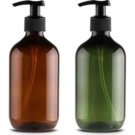 Lot de 2 flacons distributeurs de savon de 500 ml, en plastique, vides et à pompe souple, rechargeables pour huiles essentielles, lotions, shampoing, après-shampoing (marron et vert) (1/5)
