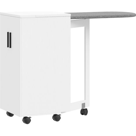 Mobile da Stiro Pieghevole 128x43x83 cm a Ruote con Mensola Regolabile e Chiusura Morbida in Legno e Tessuto Bianco (1/5)