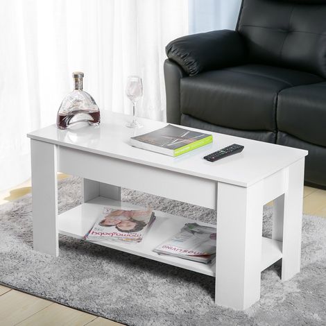 Tavolino da caffè in legno con piano sollevabile, vano portaoggetti e ripiano superiore scorrevole, ideale per soggiorno, ufficio, sala d'attesa e camera da letto (bianco). (1/5)