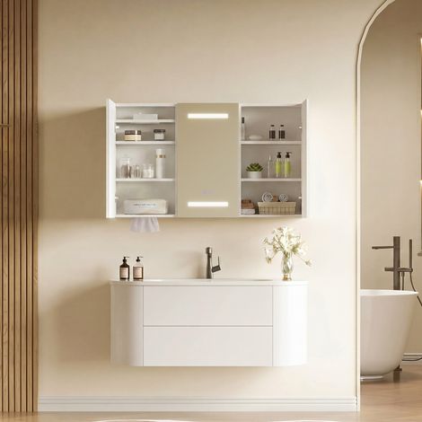 Armoire de salle de bain à miroir LED Désembuage,étagères réglables,Prise et USB,sortie de mouchoirs intégrée,Placard Mural Blanc (1/5)