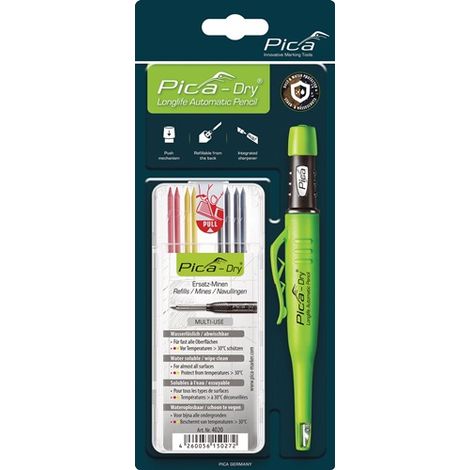 Marqueur de construction à pointe profonde – Mine graphite spéciale pour surfaces sèches et humides – Taille-crayon intégré – Rechargeable – Pica