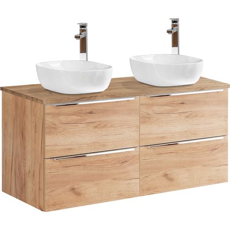 Petits-Meubles – Meuble double vasque 120cm – Finition chêne – Panneaux stratifiés MDF avec 70% de bois certifié FSC – Vasques en céramique