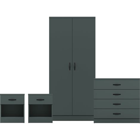 Riano 4 Piece Bedroom Set (1 Drawer Bedside Chest, 4 Drawer Chest, 2 Door Wardrobe), Green