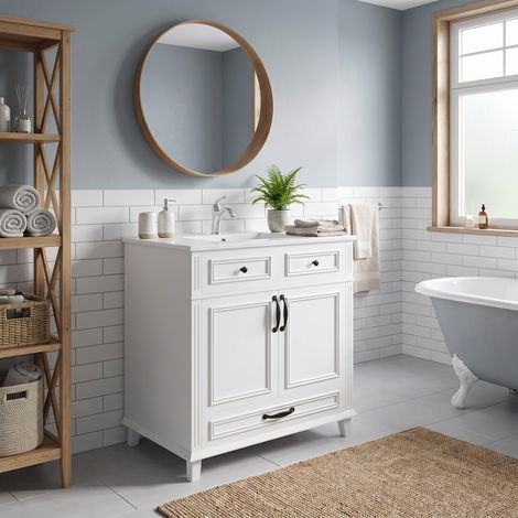 URBAN MEUBLE Meuble vasque céramique blanc, portes battantes et tiroirs silencieux à relief 3D, 77 cm (robinet non inclus) (1/5)