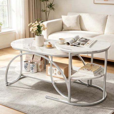 Table basse marbre blanc - Lot de 2 tables basses gigognes – Imbricables pour gain de place– design moderne (1/5)