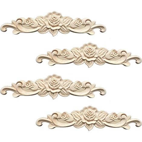 Moulure Decorative Bois 4 Pièces Sculpture Bois Moulure Rosace Decorative pour Décoration Meuble de Cuisine Meubles (1/4)