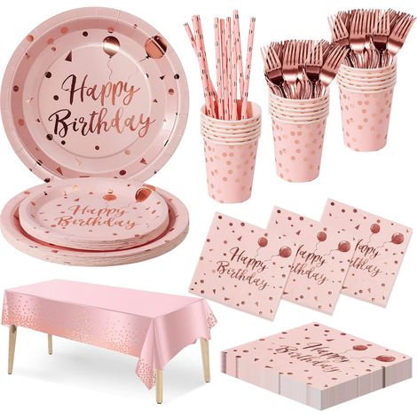 Anniversaire Party Vaisselle, 20 invités Pink et Rose Or Kit Vaisselles Anniversaire Assiette Dîner Papier Tasse Serviette Réutilisable Couverts Décorations fête Enfants (1/5)