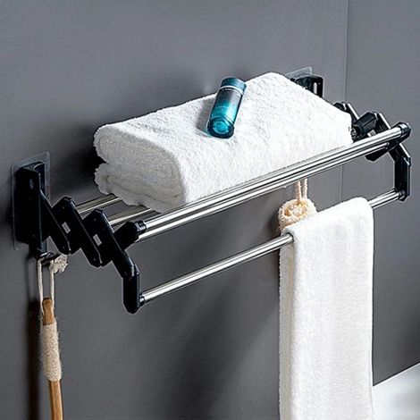 Extendable wall-mounted towel rail 40cm – Rustproof stainless steel – Self-adhesive or wall-mounted installation – 2 extra hooks (1/5)
