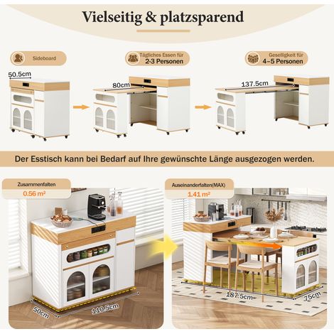Îlot de cuisine sur roulettes, table extensible avec prises intégrées et verre strié, buffet avec tiroir, meuble îlot pour cuisine et salle à manger (Blanc+Naturel) (1/5)