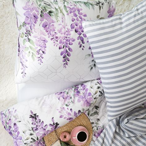 Parure de lit LAVANYA 160x200 cm - satin de coton, motif floral, élégance blanche et violette (1/4)
