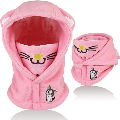 Kinder Sturmhaube mit Katzenmotiv, Thermo Fleece, winddicht, 4-12 Jahre, Rosa (1/5)
