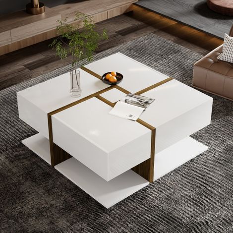 Mesa de centro cuadrada de alto brillo con 4 cajones, estante inferior y diseño moderno en blanco y madera clara, mesa auxiliar de salón con almacenaje  CHICFURN (1/5)
