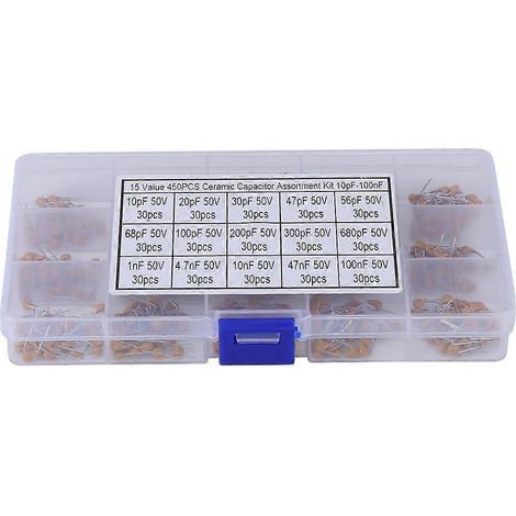 450 Stück Sortiment an mehrlagigen Keramikkondensatoren (15 Werte, 10 pF – 100 nF) mit Box