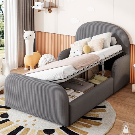 Lit enfant 90x200 cm avec rangement hydraulique et barrières latérales, tête haute, velours pour chambre - gris (1/5)