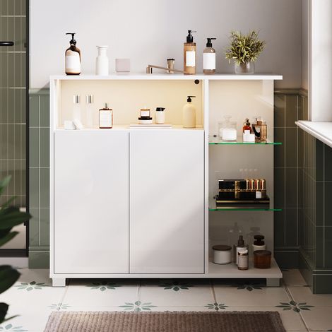 SONNI Badezimmerschrank weiß, mit LED-Beleuchtung, 3 Einlegeböden, 2 Türen und offenen Glasfächern, 900 × 300 × 820 mm (1/5)