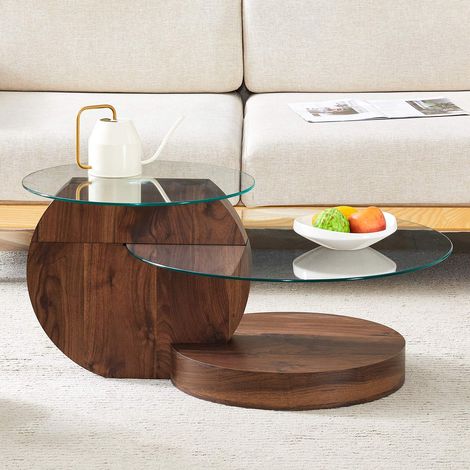 Table basse verre trempé 90x70x44 cm effet noyer, design moderne avec rangements multicouches en MDF (1/5)