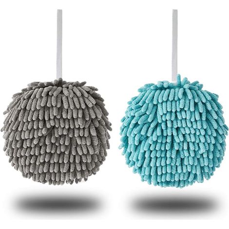 Serviettes de bain suspendues, lot de 2, bleues et grises, couleur unie, en chenille. (1/5)