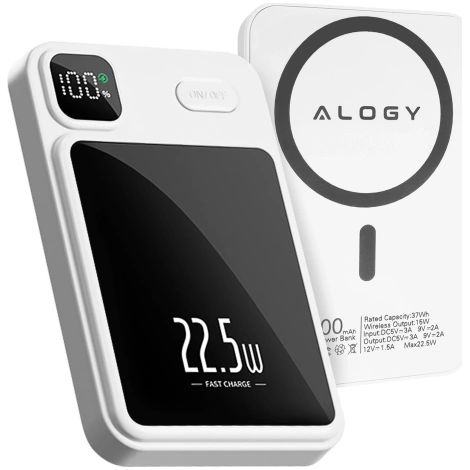 Kabellose Powerbank mit 10.000 mAh, MagSafe-Technologie, Schnellladefunktion (22,5 W PD20 W), kompakt und magnetisch, Alogy MagCharge™ – Weiß (1/5)