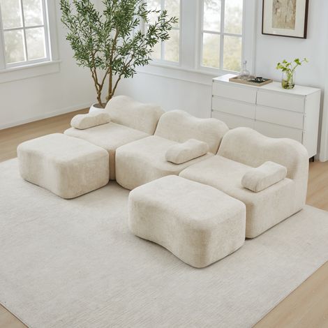 Canapé modulare 3 posti in velluto beige a U con 2 pouf, seduta profonda e cuscino bracciolo mobile (1/5)