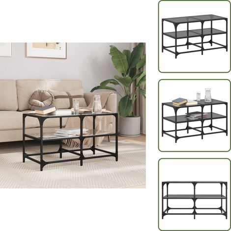 The Living Store Couchtisch mit Glasplatte Schwarz 78,5x40x45 cm Stahl - Esszimmertisch - Couchtisch - Wohnzimmerstil - Glastisch - Holzt Tisch (1/5)