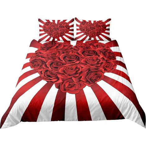 Parure de lit 150x200cm pour 1 personne Love coeurs fleure effet 3D 3 pieces 1 housse de couette avec 2 taies d'oreillers 63x63cm (1/5)