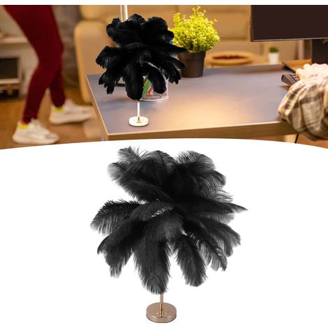 Lampe de table en plumes d'autruche (30 pièces), style moderne et créatif, rechargeable, romantique, idéale pour la décoration intérieure. Lampe de chevet nordique, noire. (1/5)