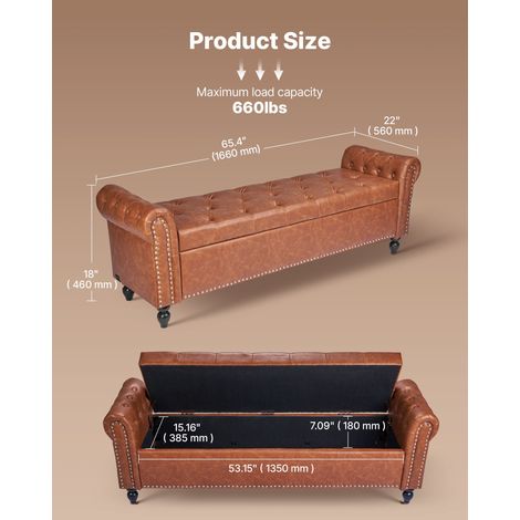 Banc Coffre en Cuir PU 166 cm, Bout de Lit avec Rangement, Accoudoirs et Pieds en Bois, Banquette Capitonnée, Meuble pour Chambre à…