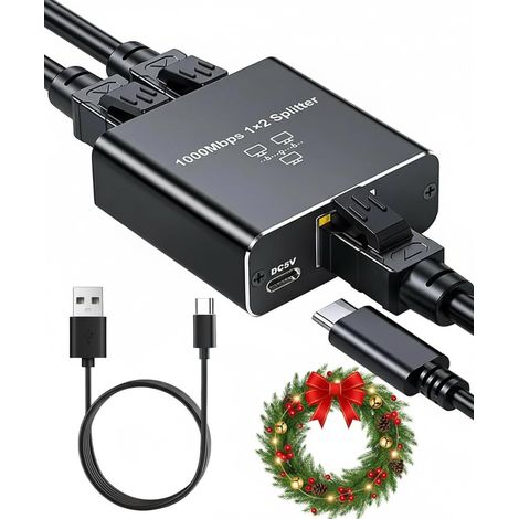 Switch Ethernet 2Port 1000 Mbps Répartiteur de Câble Ethernet Double Sortie avec Câble USB-C pour Câbles Réseau Cat 8 7 6 pour Smart TV Routeur Modem PC Ordinateur PS5 PS4 (1/5)