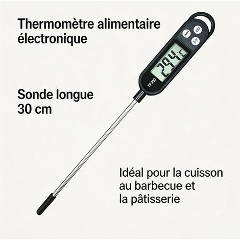 Thermomètre de cuisine polyvalent à sonde 30 cm noir, ustensile domestique fiable pour cuisson quotidienne, barbecue et préparation alimentaire (1/5)