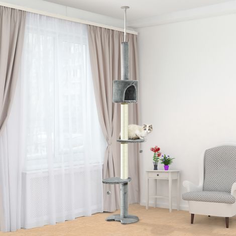 Árbol Rascador para Gatos Rascador para Fijar al Techo Altura 255 cm con Plataformas Cueva Postes de Sisal Bolas Colgantes Gris Claro (1/5)