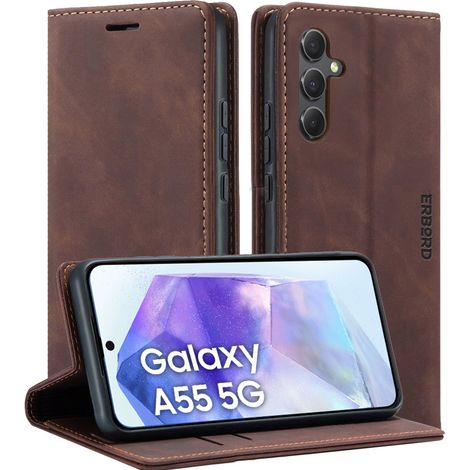 Funda para Samsung Galaxy A55, funda tipo cartera Erbord Vintage, color café + protector de pantalla de cristal (1/5)