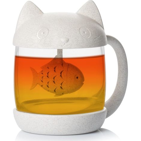 Mug Tasse à thé en verre en forme de chat avec filtre à infusion en forme de poisson 250ML (1/5)