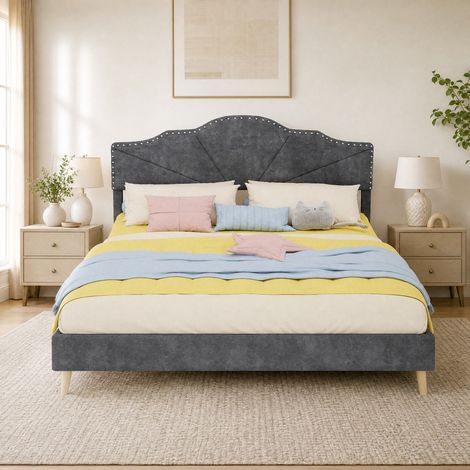 Letto 160x200 con testiera imbottita, rete a doghe, grigio HAVRYA (1/5)